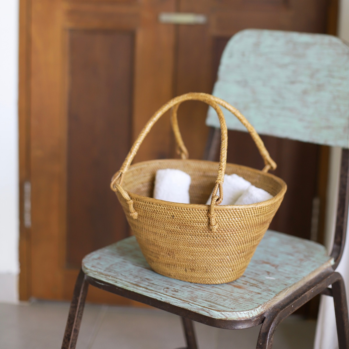 昭和レトロ 編みかご 蓋つき収納 籠バスケット レトロ買物籠 Sサイズ